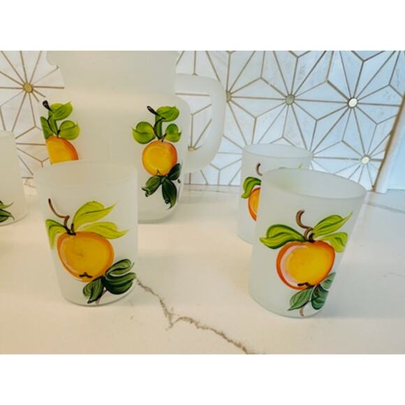 Vintage Gay Fad Hazel Atlas Frosted Peach‎ Pitcher and 5 Glasses | Hand-Painted - Picture 4 of 10